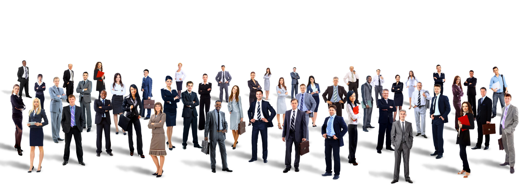 A group of diverse business professionals standing together in formal attire.